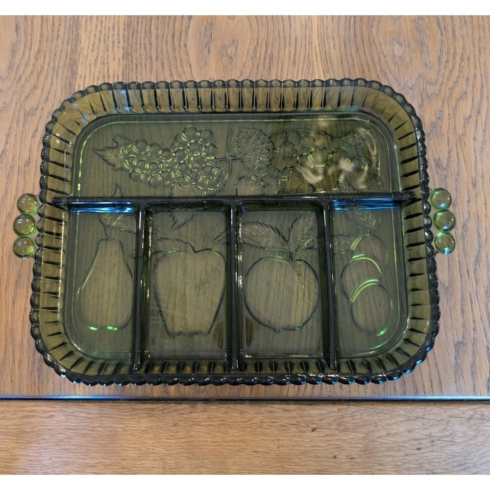 Vtg Indiana Glass Olive Green 5 Part Divided Relish Fruit Serving Tray 12.7 X 9"